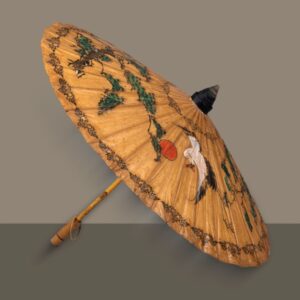 Vintage Asian Hand-Painted Paper Parasol with Crane and Pine Motif
