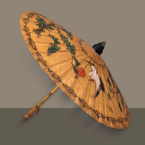 Vintage Asian Hand-Painted Paper Parasol with Crane and Pine Motif
