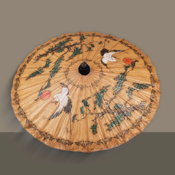 Vintage Asian Hand-Painted Paper Parasol with Crane and Pine Motif - Image 2