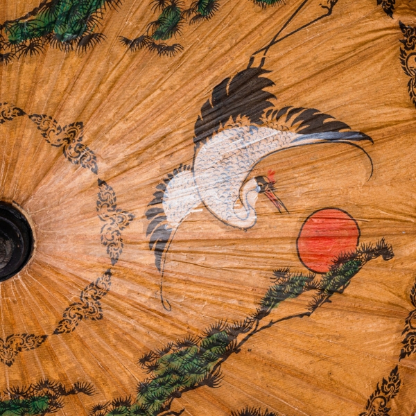 Vintage Asian Hand-Painted Paper Parasol with Crane and Pine Motif - Image 5