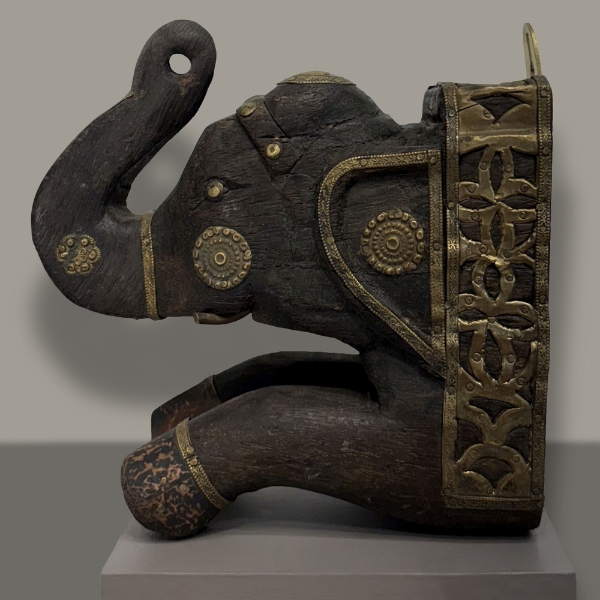 Traditional Indian Teakwood Elephant Head Wall Mounts with Brass Detailing