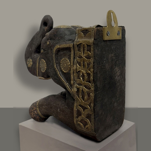 Traditional Indian Teakwood Elephant Head Wall Mounts with Brass Detailing - Image 2